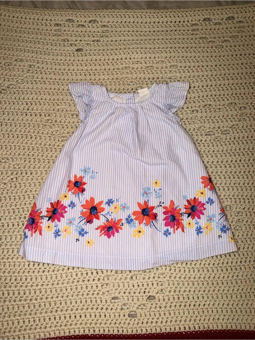 Baby Gap Blue Stripe Floral Border Flutter Sleeve Dress | 12-18M